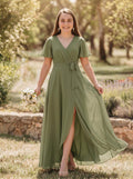 A-Line V-Neck Short Sleeves Asymmetrical Chiffon Junior Bridesmaid Dresses