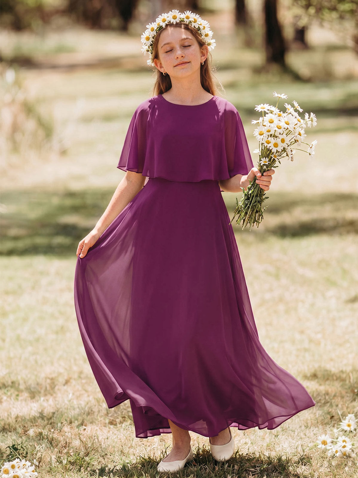 Simple A-Line Scoop Neck Cape Sleeves Floor-Length Chiffon Junior Bridesmaid Dresses