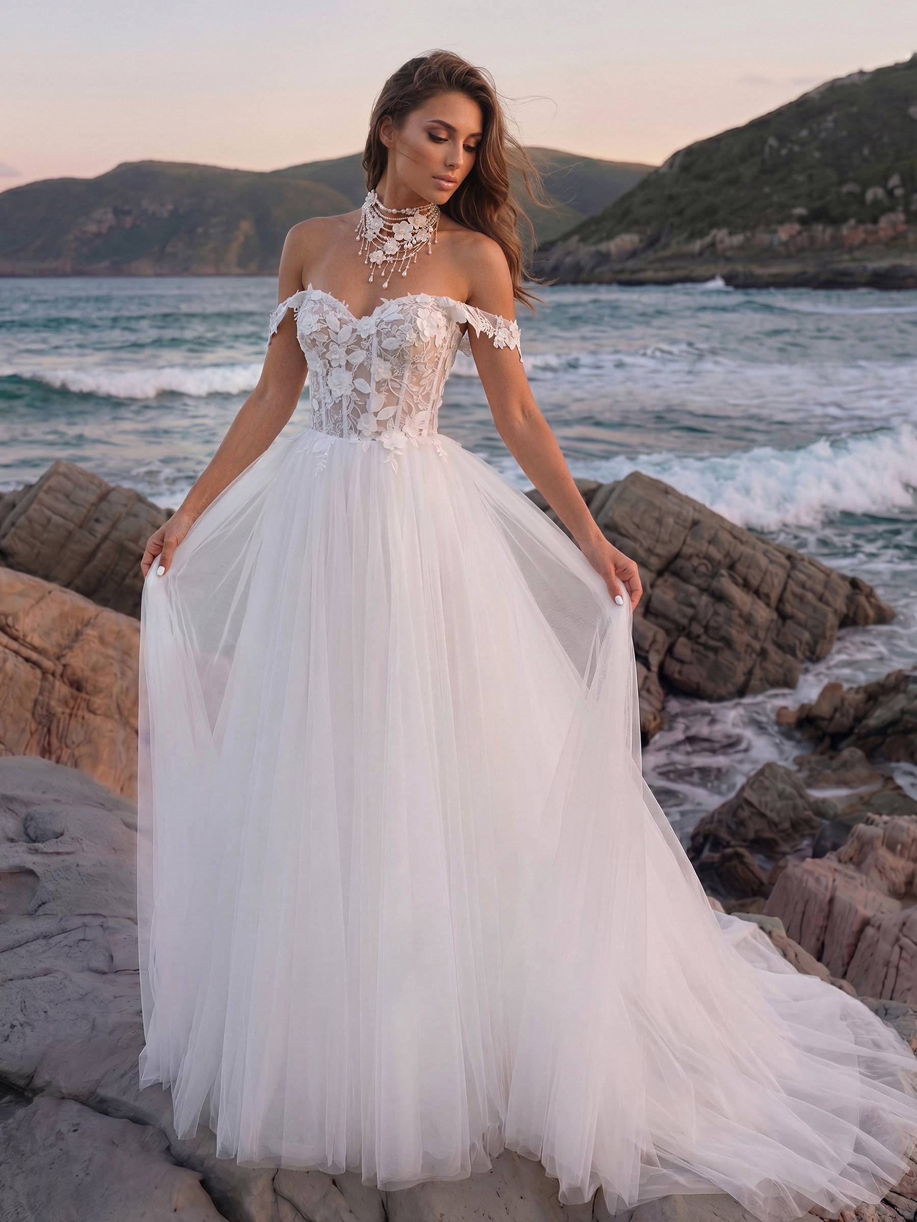 Boho Lace Princess Off-The-Shoulder Wedding Dresses With Tulle