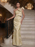 Sheath/Column One-Shoulder Sleeveless Floor-Length Jacquard Evening Dresses With Bow(s)/Back Slit