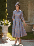 A-Line High Neck 3/4 Sleeves Tea-Length Jacquard Mother Of The Bride Dresses With Sash