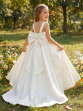 Scoop Neck Sleeveless A-Line Floor-Length Satin Flower Girl Dresses With Bow(s)