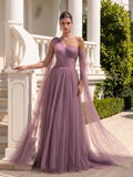 A-Line One-Shoulder Sleeveless Tulle Evening Dresses With Sweeping Side Drape