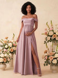 A-Line Off-The-Shoulder Sleeveless Floor-Length Satin Maternity Bridesmaid Dresses With Split Front