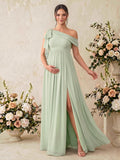 A-Line Asymmetrical Sleeveless Floor-Length Chiffon Maternity Bridesmaid Dresses With Shoulder Ruffle