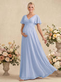 Elegant A-Line V-Neck Short Sleeves Floor-Length Chiffon Maternity Bridesmaid Dresses