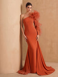 Sheath Column One-Shoulder Long Sleeves Sweep Train Elastic Satin Organza Evening Dresses With Cascading Ruffles Flower(s) Shoulder Ruffle Tiered