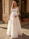 A-Line Scoop Neck Long Sleeves Floor-Length Chiffon/Tulle Maternity Wedding Dresses With Appliques Lace