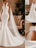 Trumpet/Mermaid Halter Sleeveless Court Train Matte Satin Bride Wedding Dress
