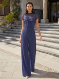Jumpsuit/Pantsuit High Neck Short Sleeves Floor-Length Tulle/Elastic Satin Evening Dresses