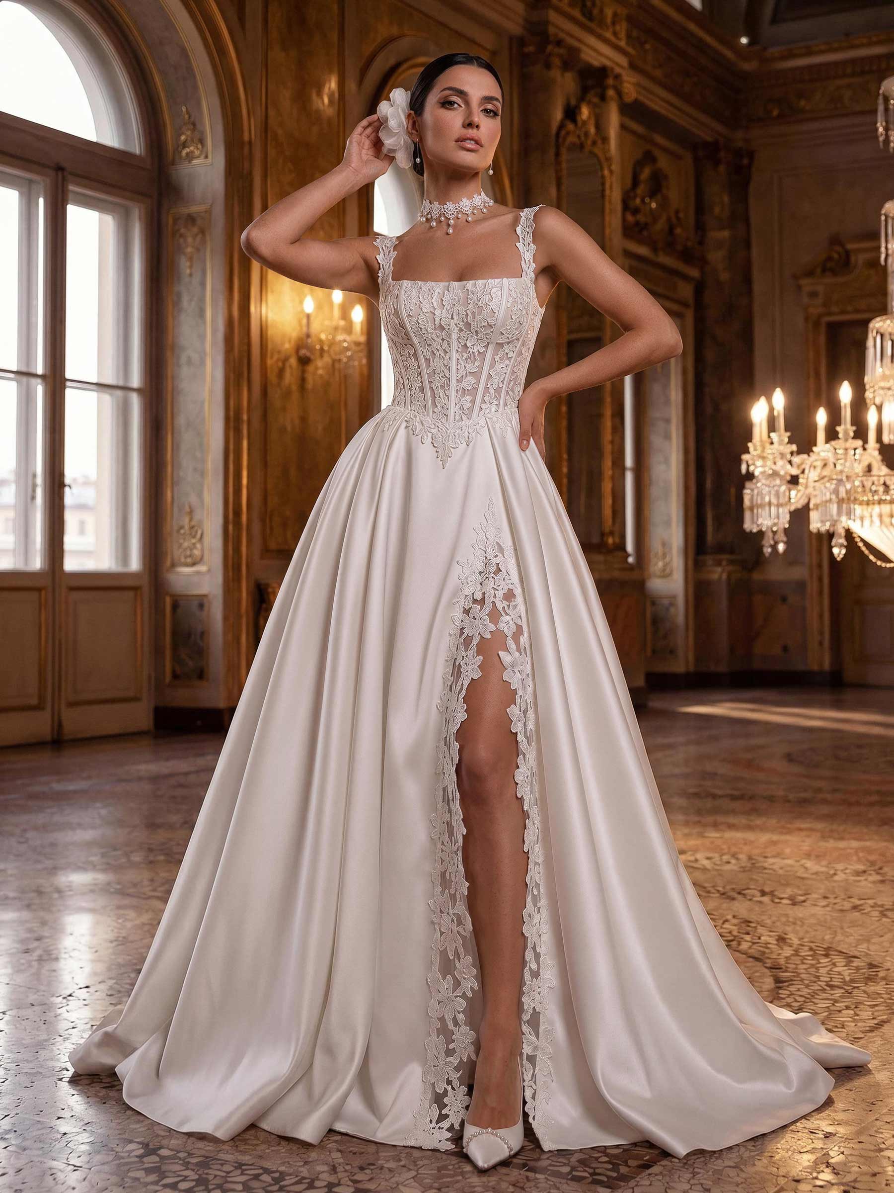 A-Line Square Neckline Sleeveless Chapel Train Lace Bride Wedding Dress With Appliques Lace