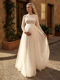 A-Line Scoop Neck Long Sleeves Floor-Length Satin/Tulle Maternity Wedding Dresses With Lace