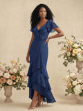 Sheath/Column V-Neck Short Sleeves Chiffon Bridesmaid Dresses With Ruffle