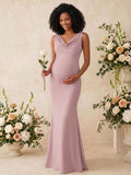 Trumpet/Mermaid Cowl Neck Sleeveless Floor-Length Jersey Maternity Bridesmaid Dresses With Bow(s)