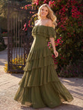 A-Line Off-The-Shoulder Sleeveless Floor-Length Chiffon Evening Dresses With Tiered