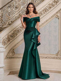 Elegant Off-The-Shoulder Mermaid Sweep Train Satin Evening Dresses With Cascading Ruffles/Pleated