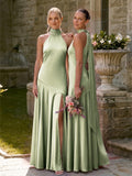 A-Line Halter Sleeveless Floor-Length Stretch Satin Knit Bridesmaid Dresses With Split Front