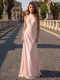 A-Line Halter Sleeveless Floor-Length Chiffon Evening Dresses With Back Slit