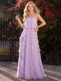 Sheath/Column Strapless Sleeveless Floor-Length Chiffon Evening Dresses With Cascading Ruffles