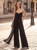 Jumpsuit/Pantsuit Strapless Sleeveless Floor-Length Chiffon Evening Dresses With Sweeping Side Drape