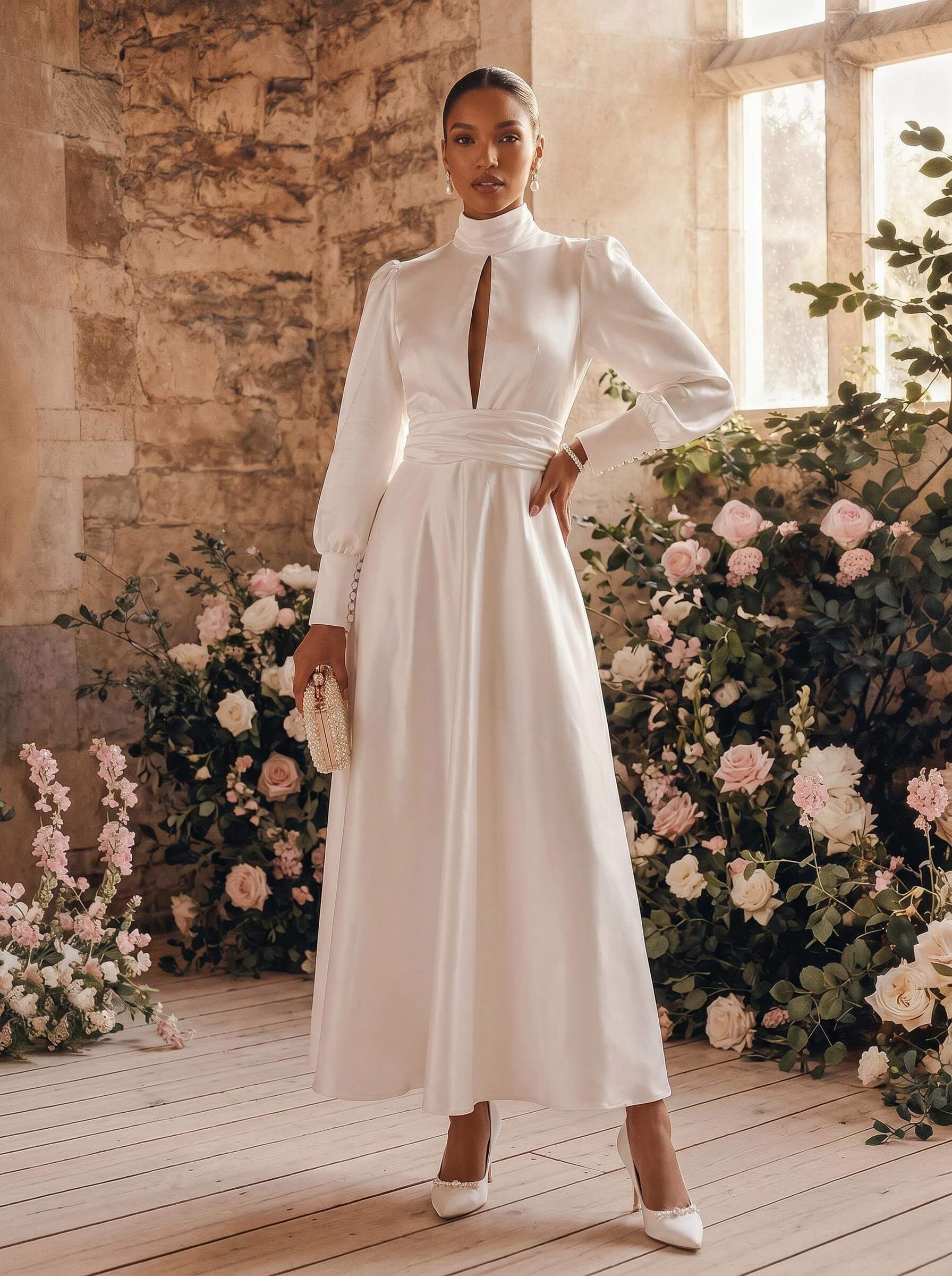 A-Line High Neck Long Sleeves Ankle-Length Silk Like Satin Wedding Dresses