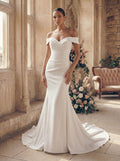 Mermaid Off-The-Shoulder Elastic Satin Wedding Dresses With Ruffle