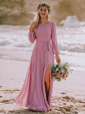 A-Line Scoop Neck Long Sleeves Floor-Length Chiffon Bridesmaid Dresses With Split Front Sash Bubble Hem
