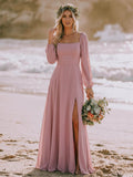 Classy Square Neckline Long Sleeves A-Line High Split Chiffon Bridesmaid Dresses
