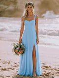 A-Line Sweetheart Sleeveless Floor-Length Elegant Chiffon Bridesmaid Dress With Split Front