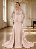 Beading Asymmetrical Neckline Long Sleeves Overskirt Sweep Train Elastic Satin Evening Dresses