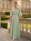 A-Line V-Neck 3/4 Sleeves Floor-Length Chiffon Mother Of The Bride Dresses With Flower(s)
