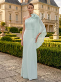 Sheath/Column One-Shoulder Cape Sleeves Floor-Length Chiffon Mother Of The Bride Dresses With Flower(s)