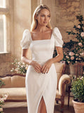 Minimalist Reception Square Neckline Satin Sheath Wedding Dresses With Short Sleeves