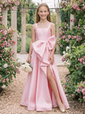 A-Line Square Neckline Floor-Length Satin Junior Bridesmaid Dresses With Bow(s)