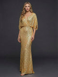 Sheath/Column V-Neck 3/4 Sleeves Floor-Length Sequined Evening Dresses