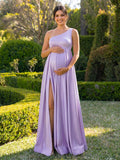 A-Line Asymmetrical Sleeveless Floor-Length Satin Maternity Bridesmaid Dresses With High Split
