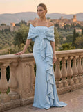 Trumpet/Mermaid Off-The-Shoulder Sleeveless Sweep Train Elastic Satin Mother Of The Bride Dresses With Cascading Ruffles