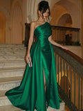 A-Line One-Shoulder Sleeveless Sweep Train Satin Evening Dresses With Overskirt Dress