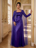 A-Line Square Neckline Long Sleeves Satin Evening Dresses With Flower(s)