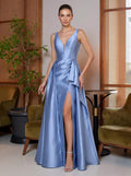 A-Line V-Neck Floor-Length Satin Mother Of The Bride Dresses With Ruffle/High Split/Overskirt Dress