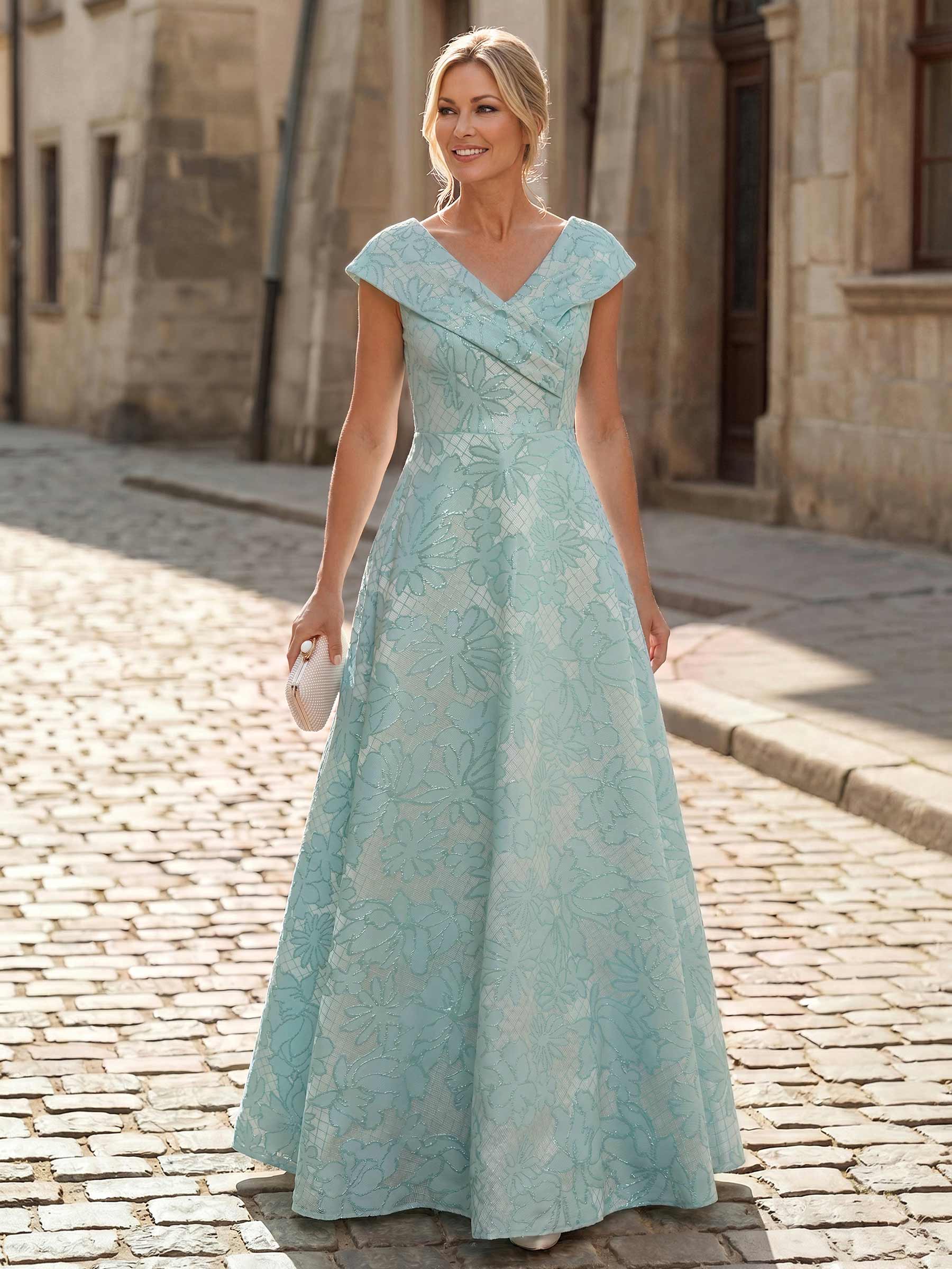 Elegant A-Line V-Neck Floor-Length Jacquard Mother Of The Bride Dresses