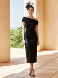 Sheath Column Off-The-Shoulder Sleeveless Tea-Length Satin Cocktail Dresses With Back Slit