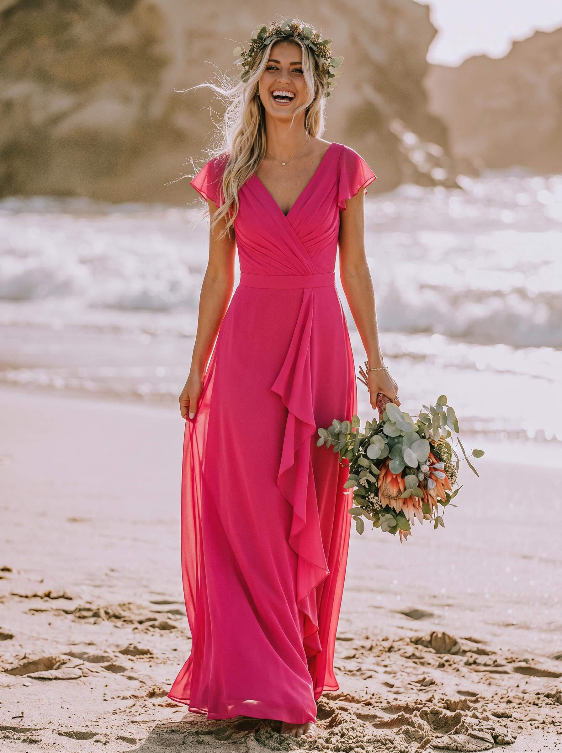A-Line V-Neck Sleeveless Floor-Length Chiffon Bridesmaid Dresses With Ruffle
