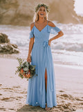 Simple A-Line V-Neck Cold Shoulder Floor-Length Chiffon Bridesmaid