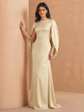 Sheath/Column Scoop Neck Cape Sleeves Floor-Length Stretch Satin Evening Dresses