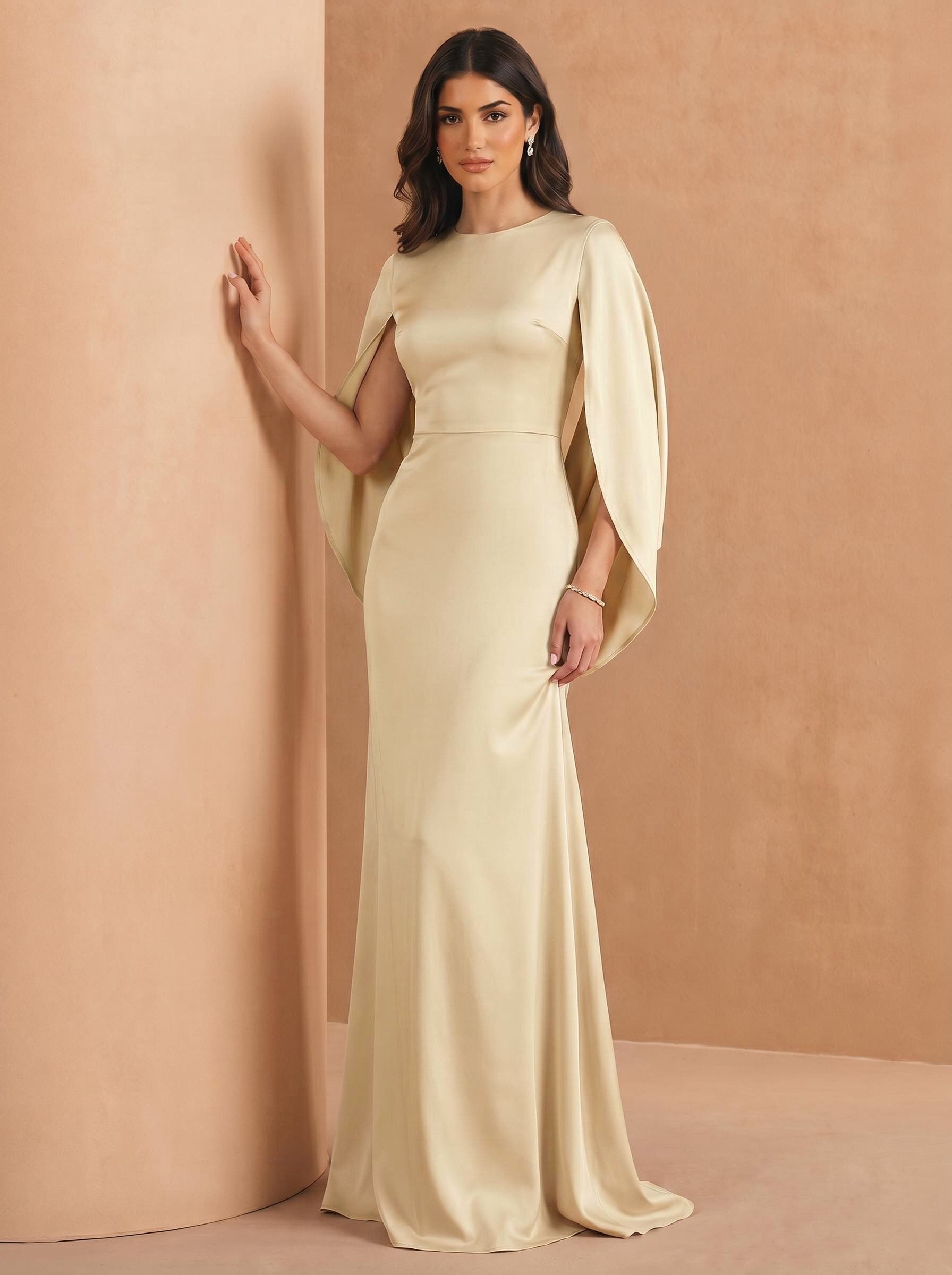 Sheath/Column Scoop Neck Cape Sleeves Floor-Length Stretch Satin Evening Dresses