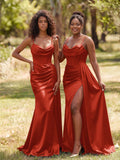 Unique Cowl Neck Spaghetti Straps Corset Bridesmaid Dresses With Sweeping Side Drape