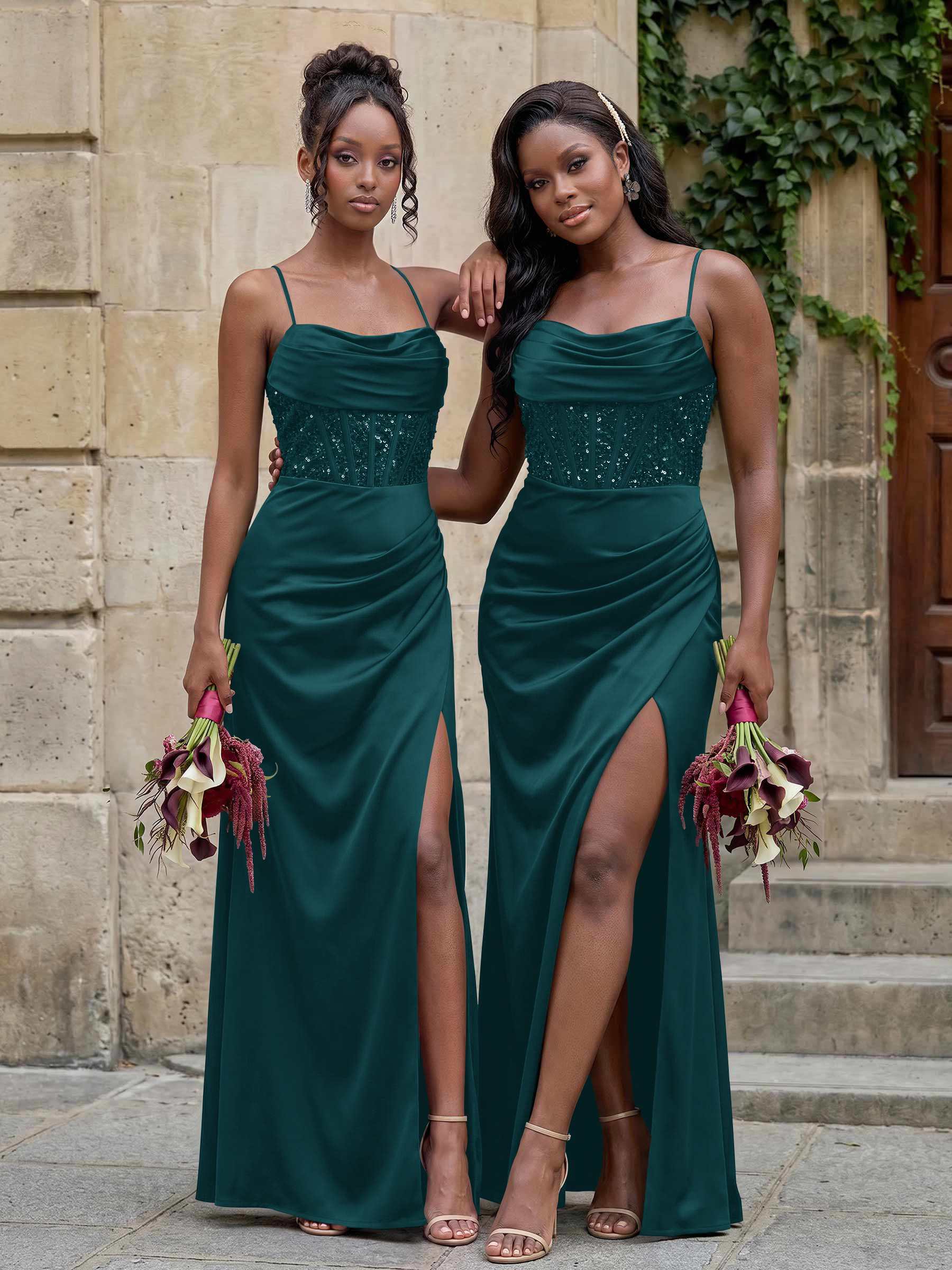 Cowl Neck Sparkle Corset Sleeveless Spaghetti Straps Bridesmaid Dresses With Cross Strappy Back
