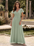 A-Line V-Neck Short Sleeves Sweep Train Chiffon Mother Of The Bride Dresses With Ruffle/Pleated