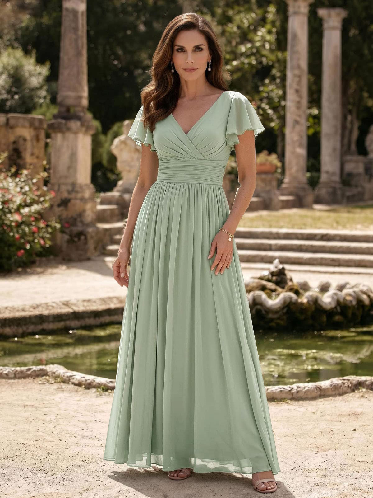 A-Line V-Neck Short Sleeves Sweep Train Chiffon Mother Of The Bride Dresses With Ruffle/Pleated